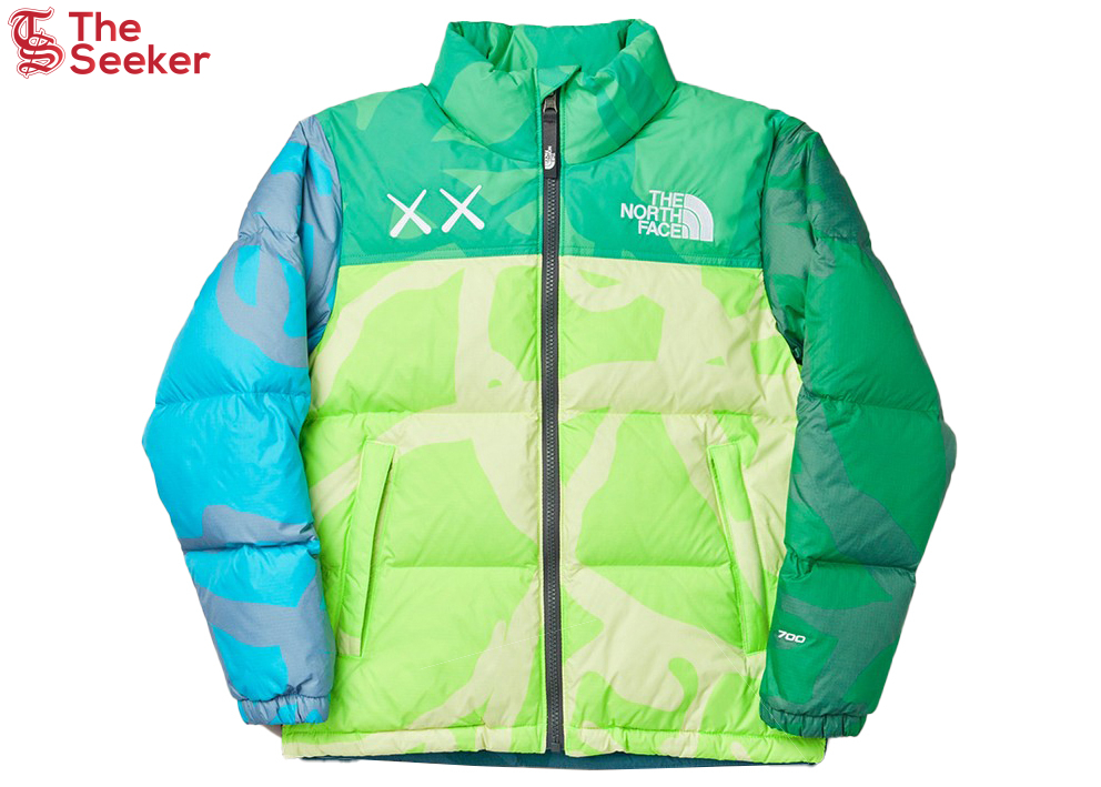 KAWS x The North Face Retro 1996 Nuptse Jacket Safety Green Nuptse Print