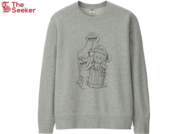 KAWS x Uniqlo x Sesame Street Companion Trash Can Outline Sweatshirt (Japanese Sizing) Gray
