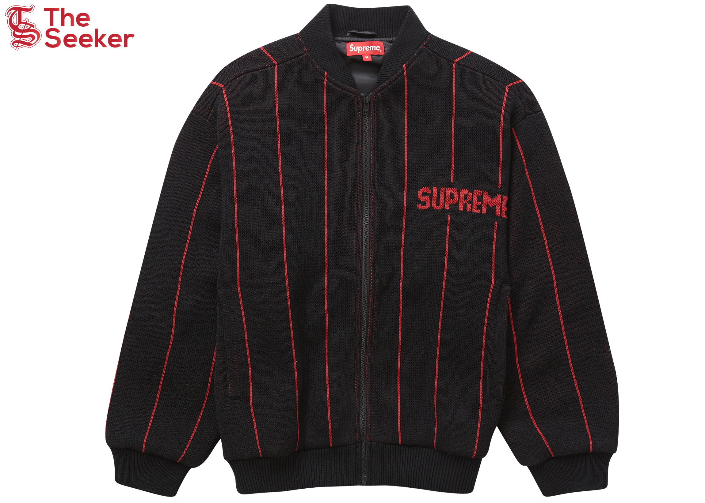 Supreme Pinstripe Varsity Zip Up Sweater Black